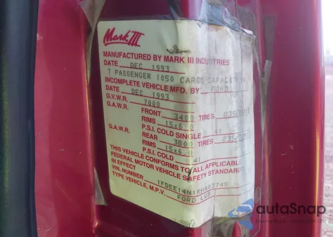 1994 Ford Econoline E150 Van из США, поврежденный, VIN 1FDEE14N1RHA03745